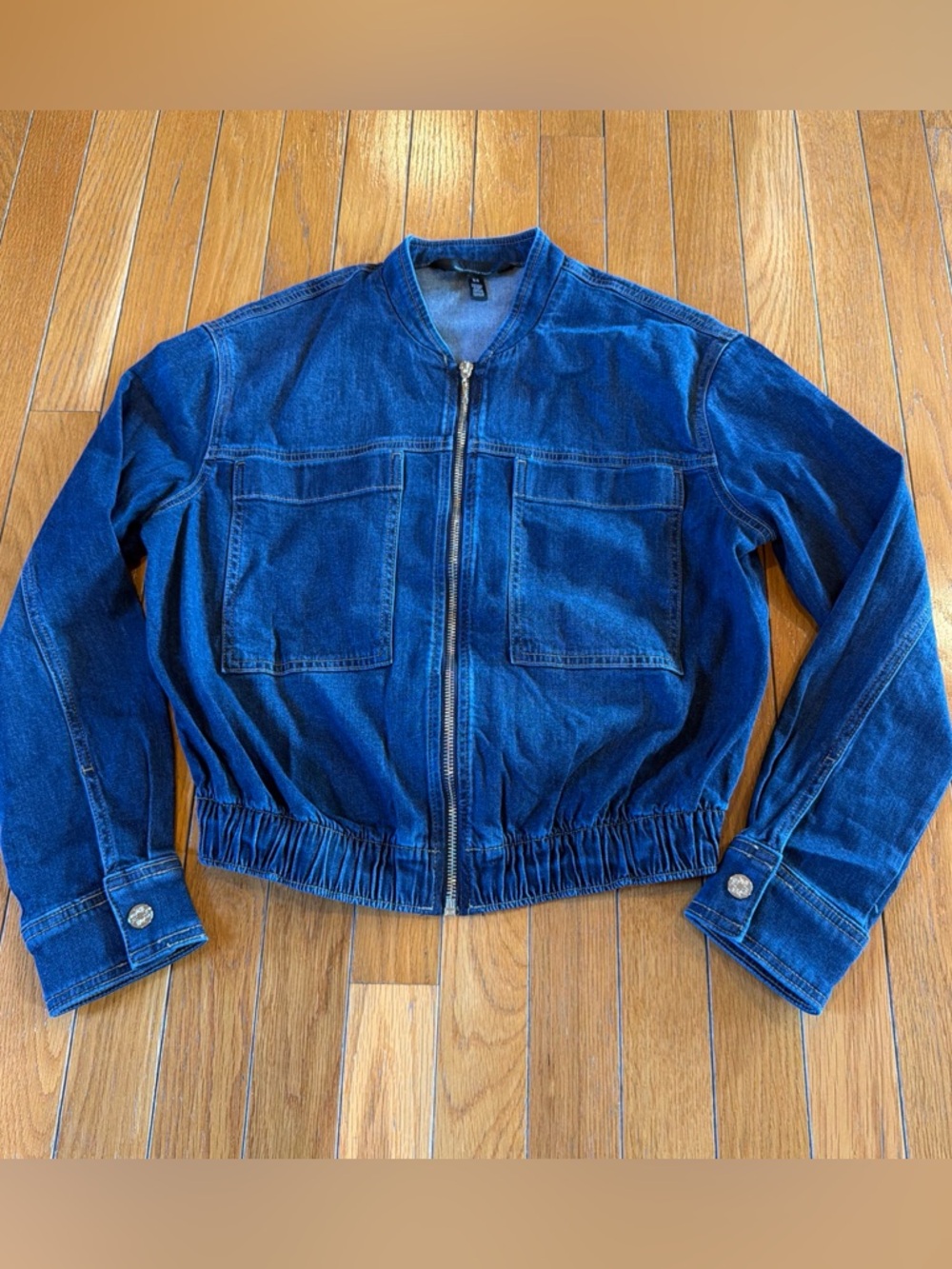 White House Black Market Cropped Denim Jean Bomber Full Zipper Jacket Size XS